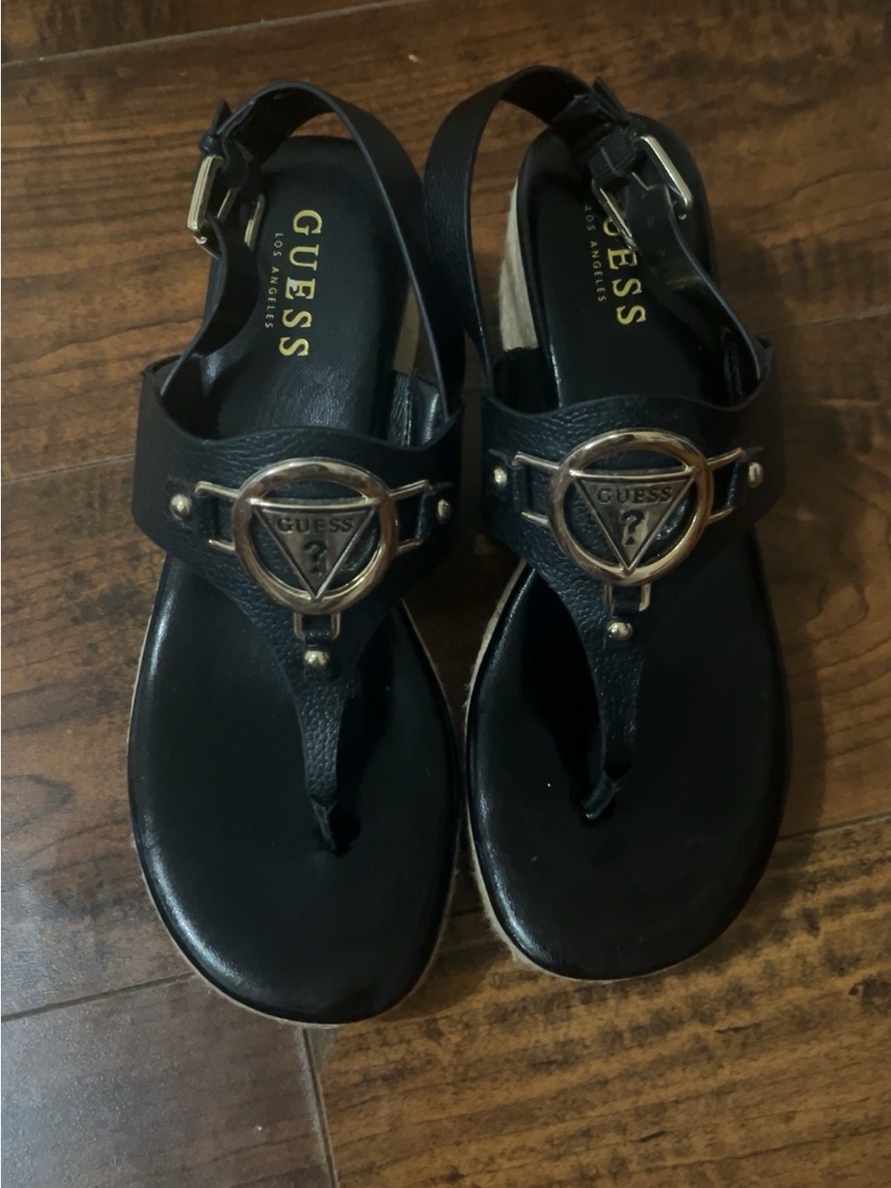 GUESS Black Slingback Thong Sandals with Gold-Tone Logo